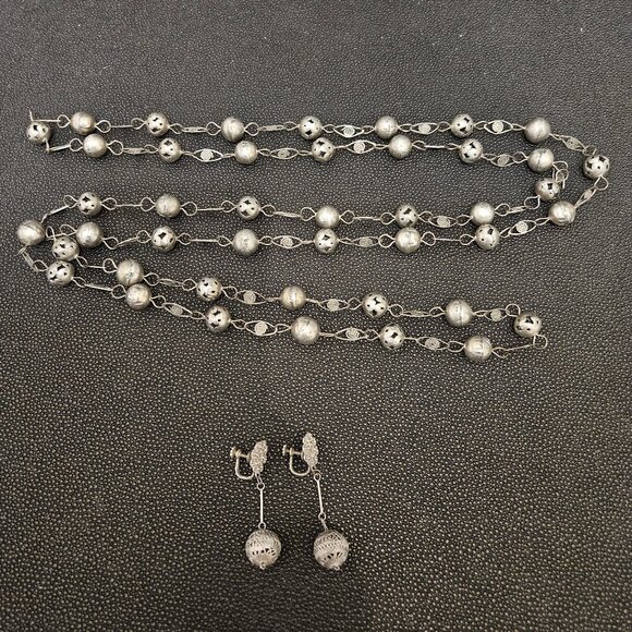 CANNETILLE FILIGREE BALL & LASSO WEDDING NECKLACE WITH MATCHING CLIP-ON EARRINGS - Picture 1 of 13